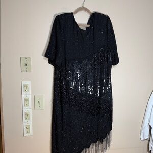 Scala Black Sequin Fringe One-Shoulder Dress
